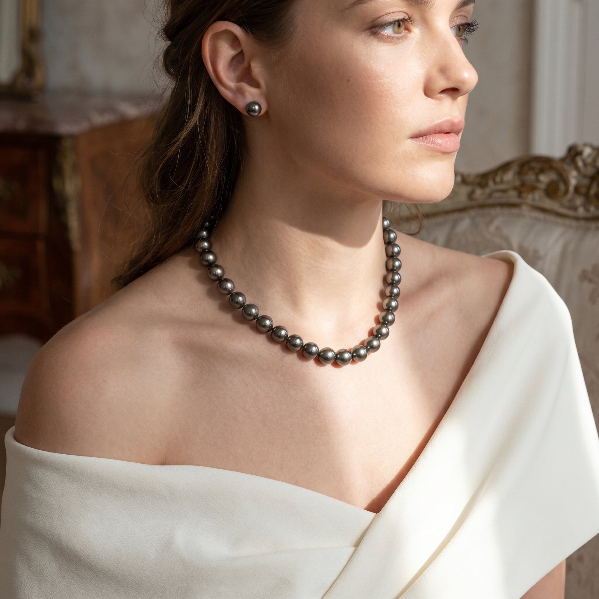 Black Tahitian True Round Pearl Necklace, 10.0-12.0mm - AAAA Quality