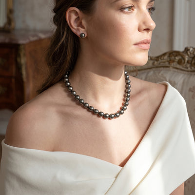 Black Tahitian True Round Pearl Necklace, 10.0-12.0mm - AAAA Quality