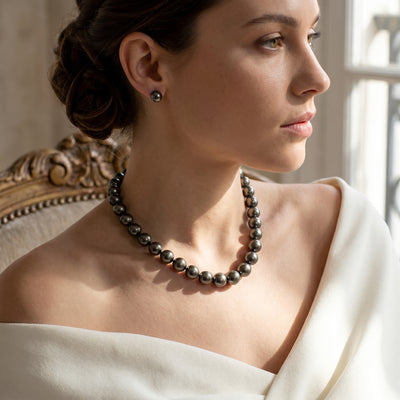 Black Tahitian True Round Pearl Necklace, 10.0-12.0mm - AAAA Quality