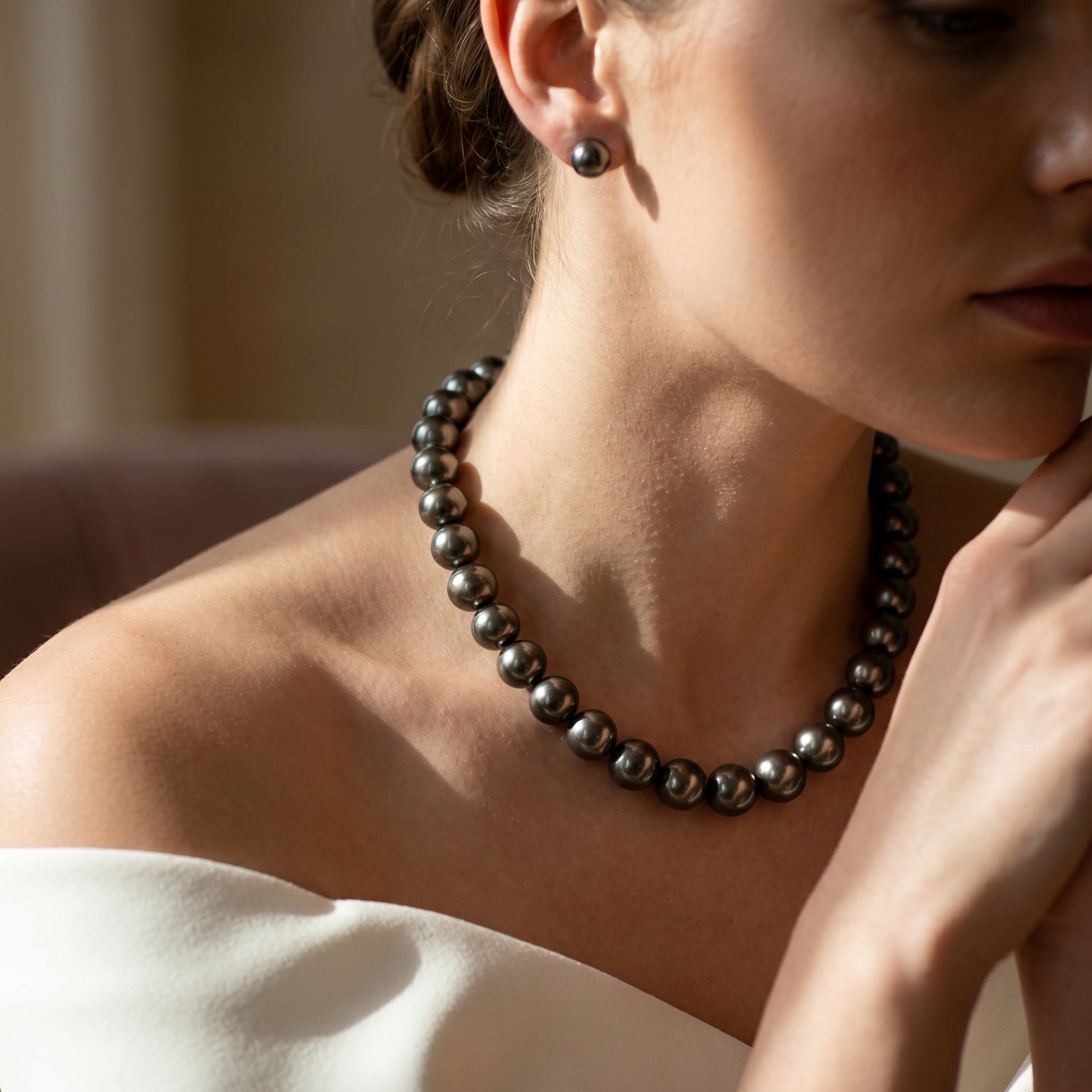Black Tahitian True Round Pearl Necklace, 10.0-12.0mm - AAAA Quality