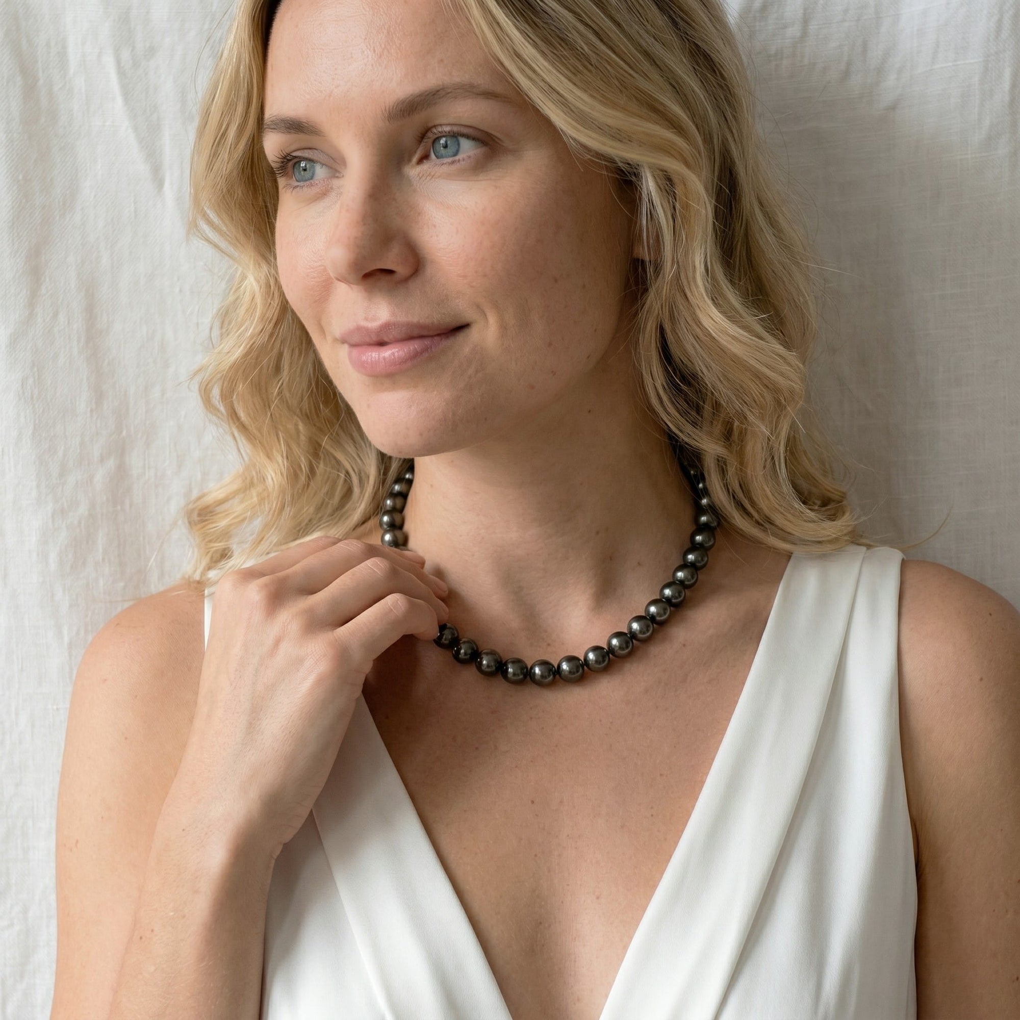 True Round Black Tahitian Pearl Necklace, 10.0-12.0mm - AAA Quality
