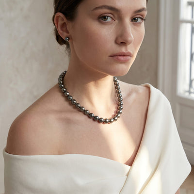 Dark Round Tahitian Pearl Necklace, 12.0-14.0mm - AAA Quality