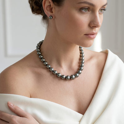 Dark Round Tahitian Pearl Necklace, 12.0-14.0mm - AAA Quality