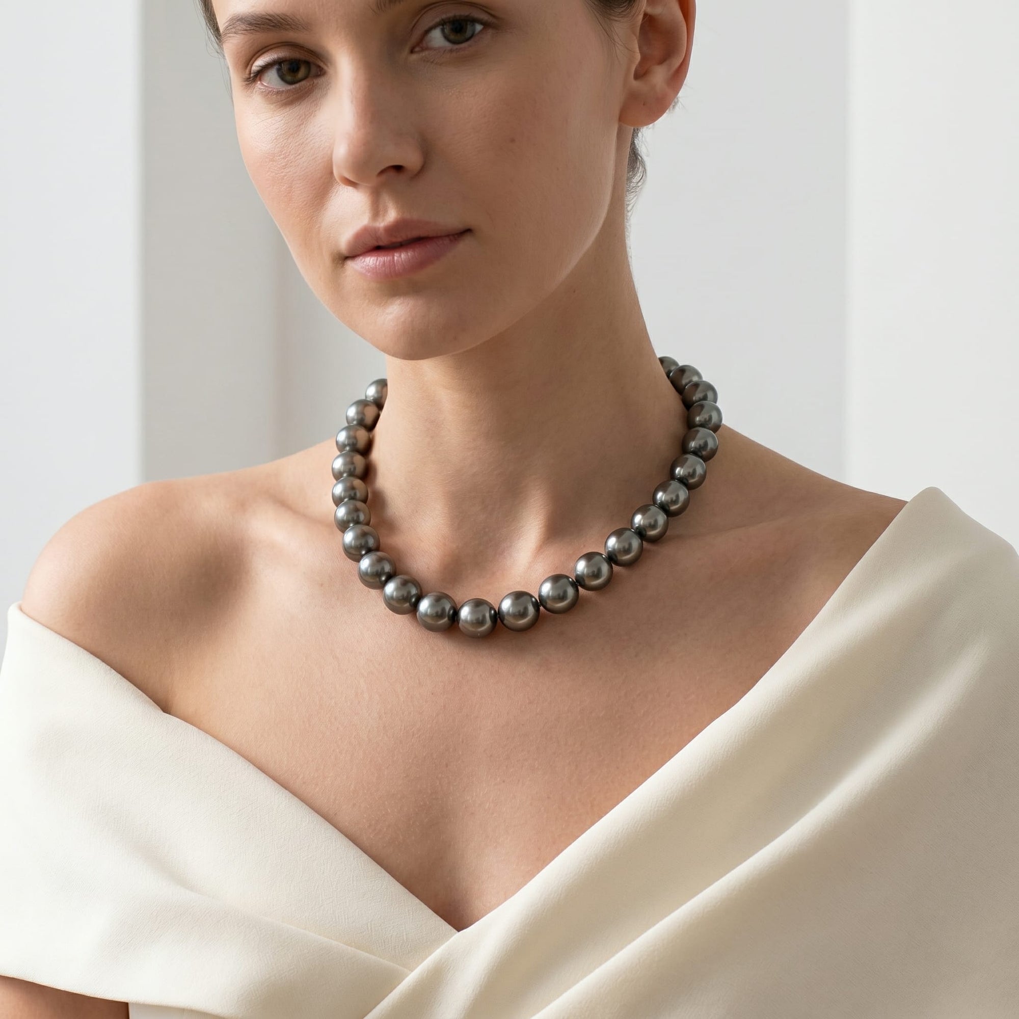 Dark Tahitian True Round Pearl Necklace, 13.0-15.0mm - AAA Quality
