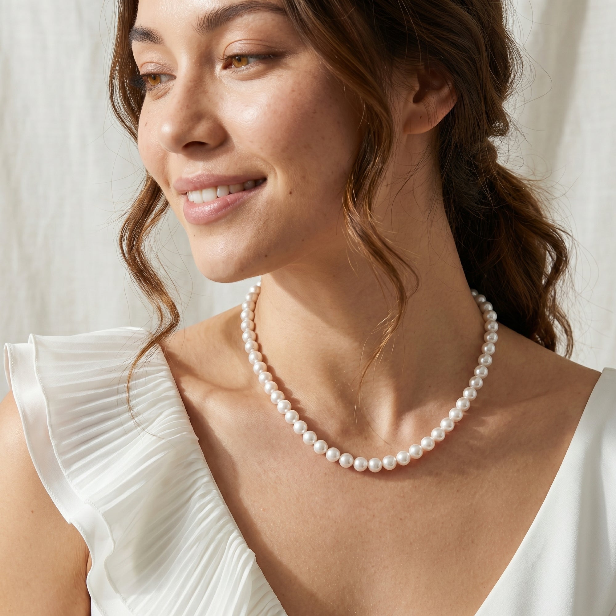 White Hanadama Japanese Akoya Pearl Necklace, 7.5-8.0mm