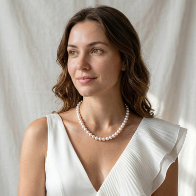 White Japanese Hanadama Akoya Pearl Necklace, 9.0-9.5mm