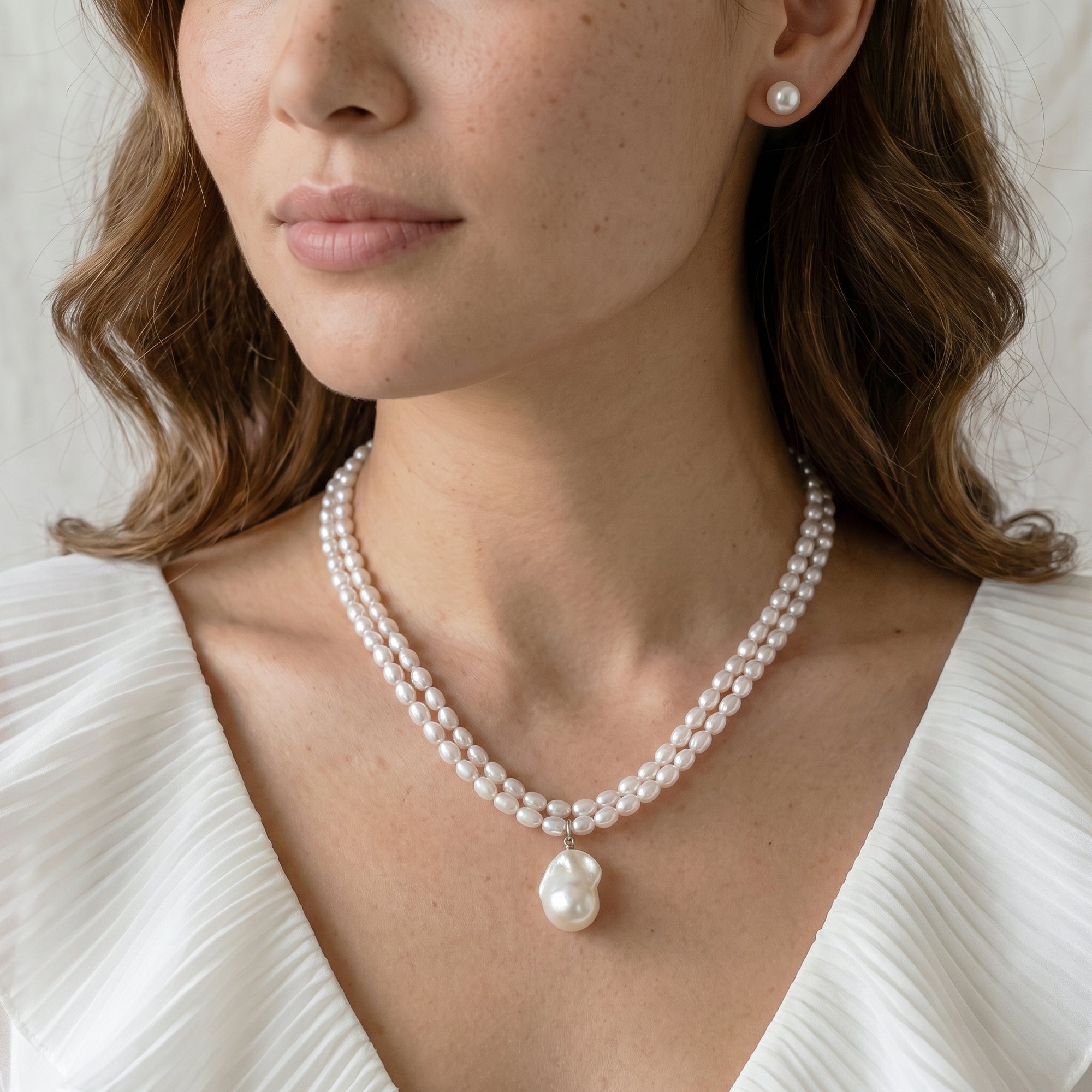 4.5-5.0mm Oval White Freshwater Pearl Double Strand Necklace