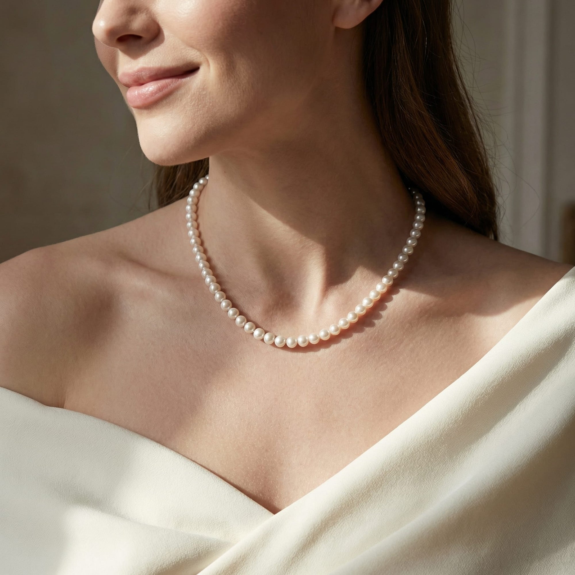Hanadama Japanese White Akoya Pearl Necklace, 6.0-6.5mm