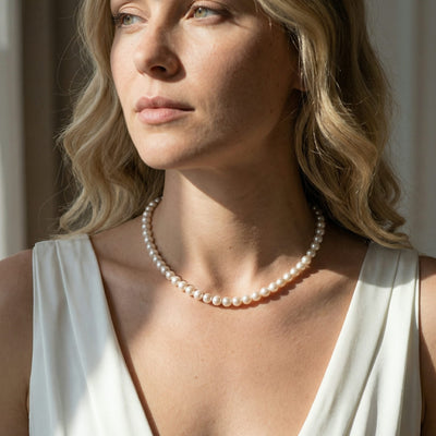 White Japanese Hanadama Akoya Pearl Necklace, 6.5-7.0mm