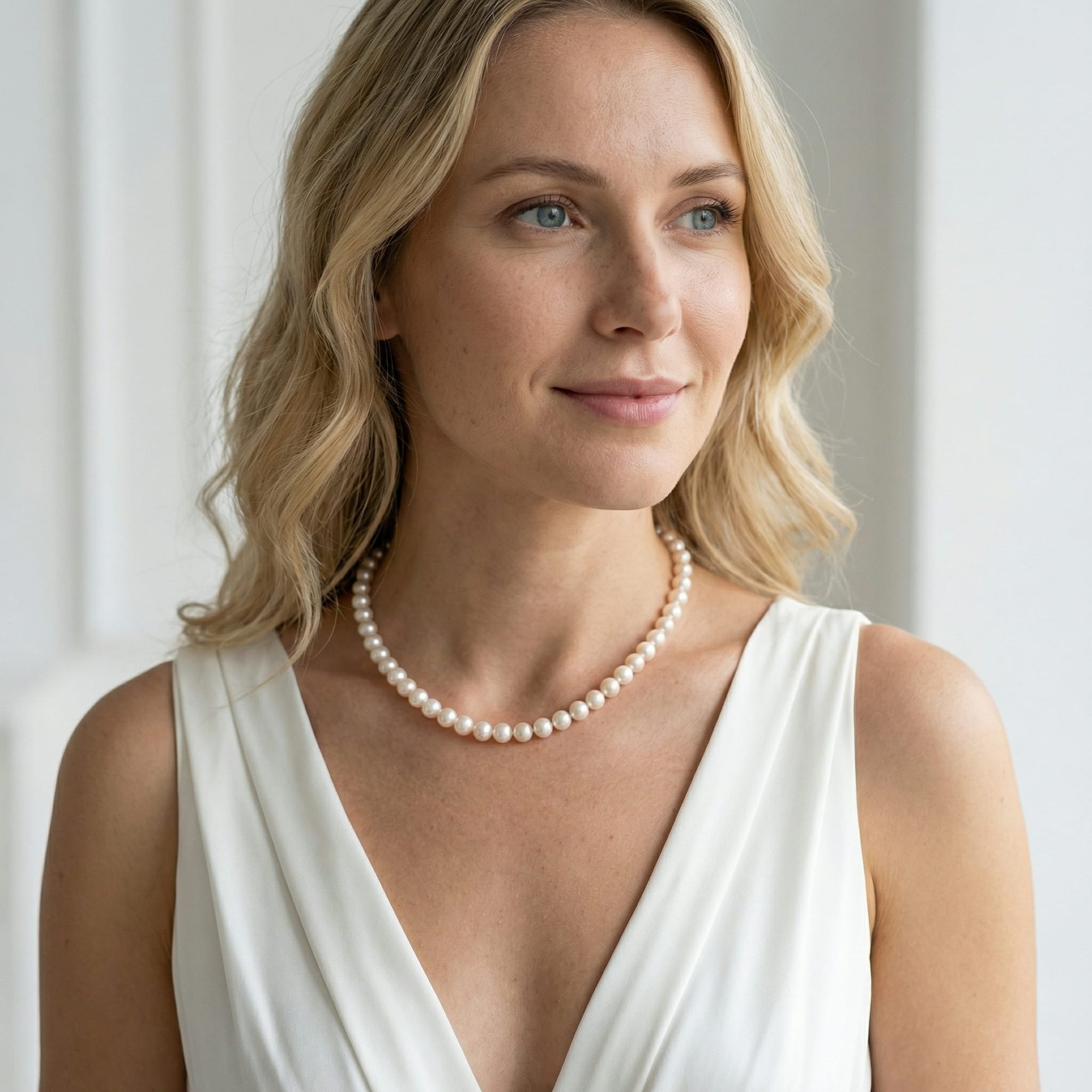 White Japanese Hanadama Akoya Pearl Necklace, 6.5-7.0mm