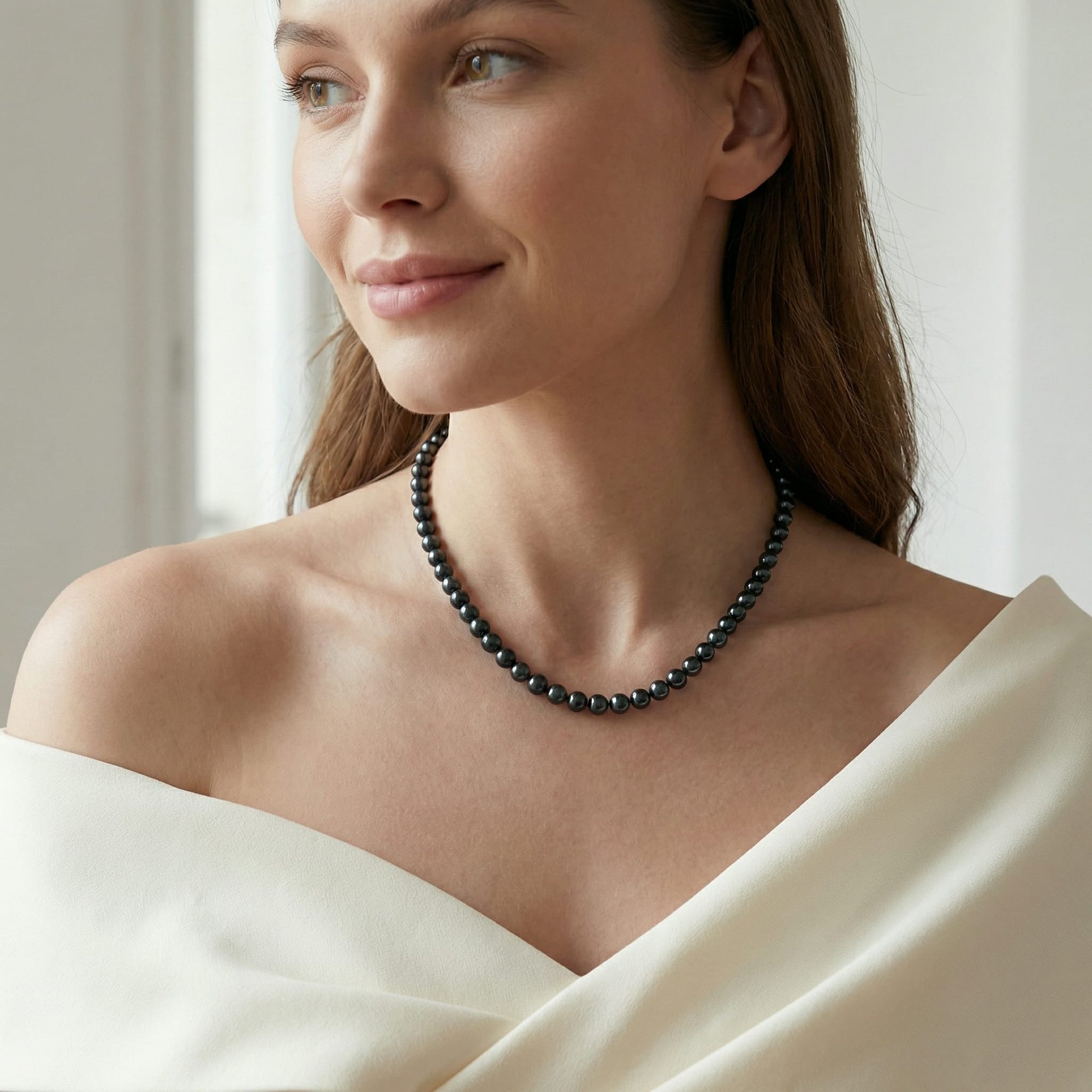 Black Japanese Akoya Choker Length Pearl Necklace, 6.5-7.0mm - AA+ Quality