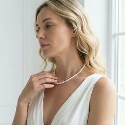 White Japanese Akoya Choker Length Pearl Necklace, 6.5-7.0mm - AA+ Quality