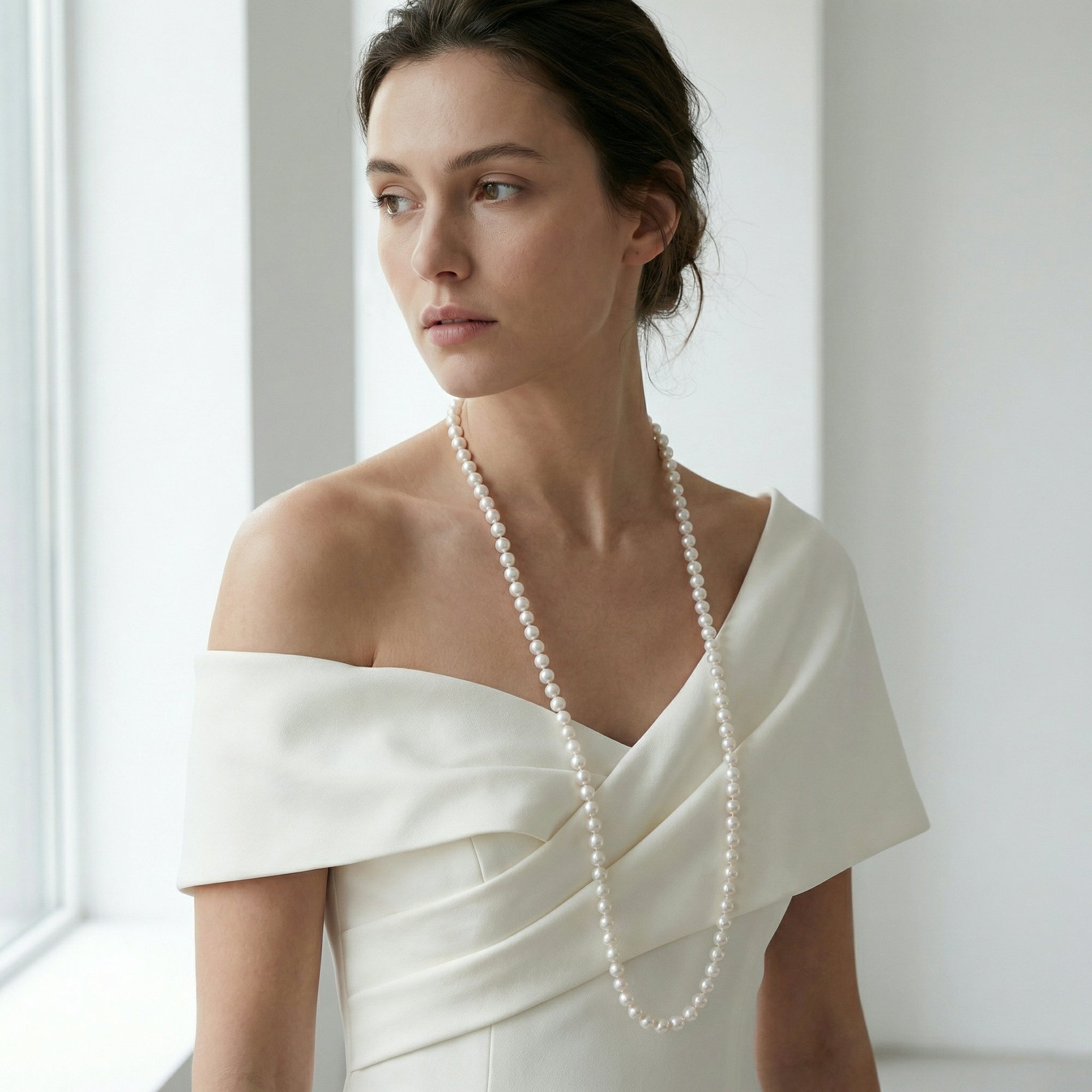 White Japanese Akoya Opera Length Pearl Necklace, 6.5-7.0mm