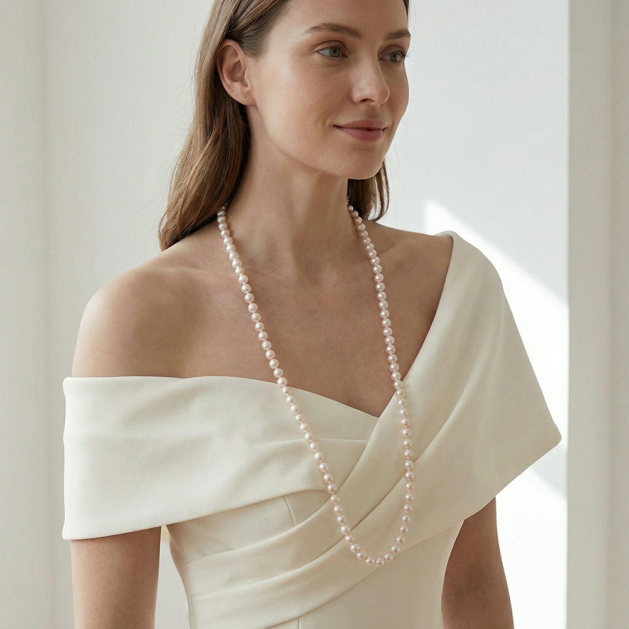 White Japanese Akoya Opera Length Pearl Necklace, 6.5-7.0mm