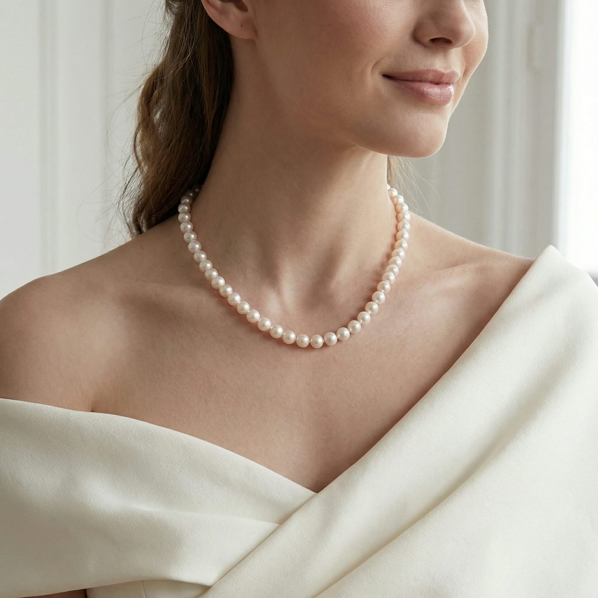White Japanese Akoya Choker Length Pearl Necklace, 7.0-7.5mm - AA+ Quality