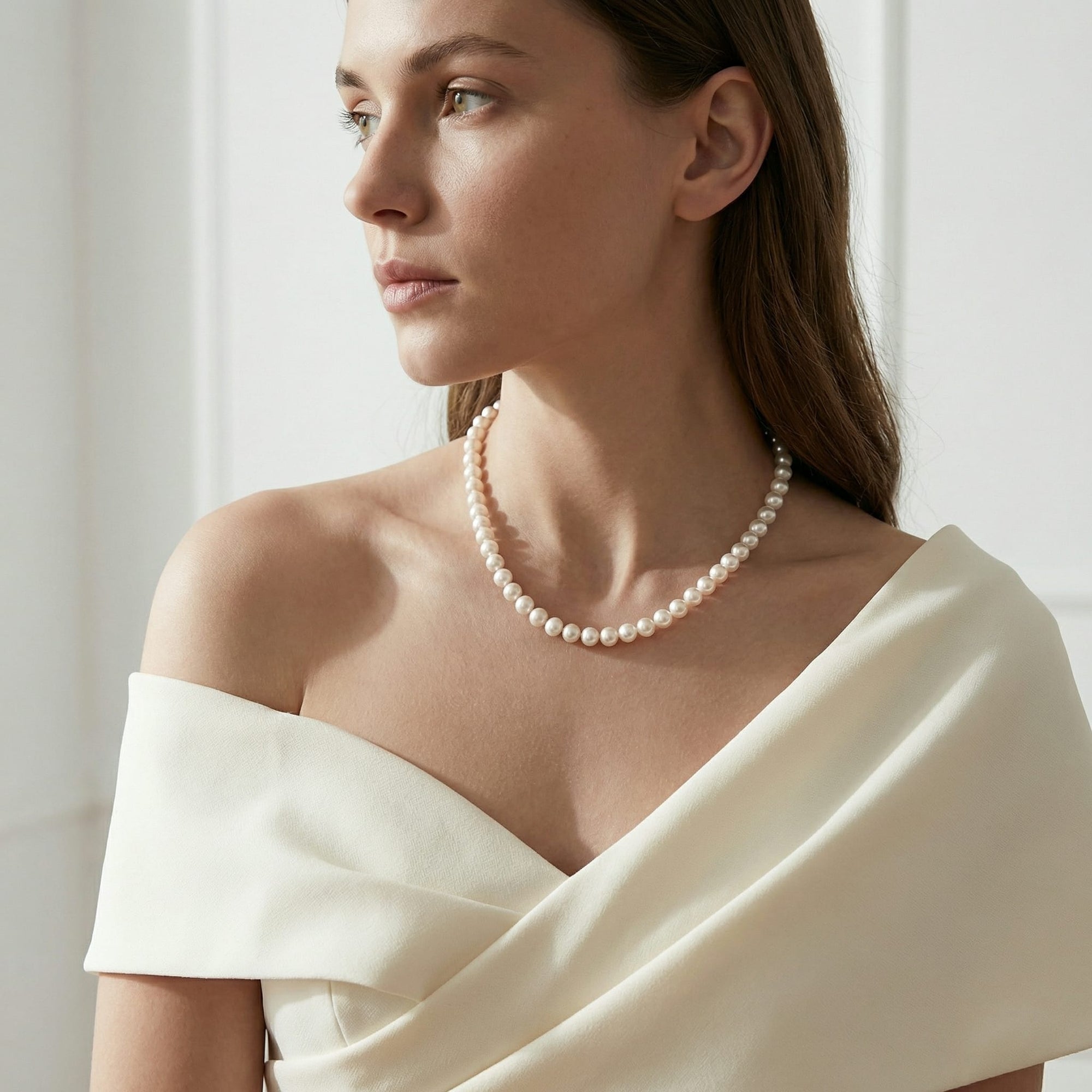 White Japanese Akoya Choker Length Pearl Necklace, 7.0-7.5mm - AA+ Quality