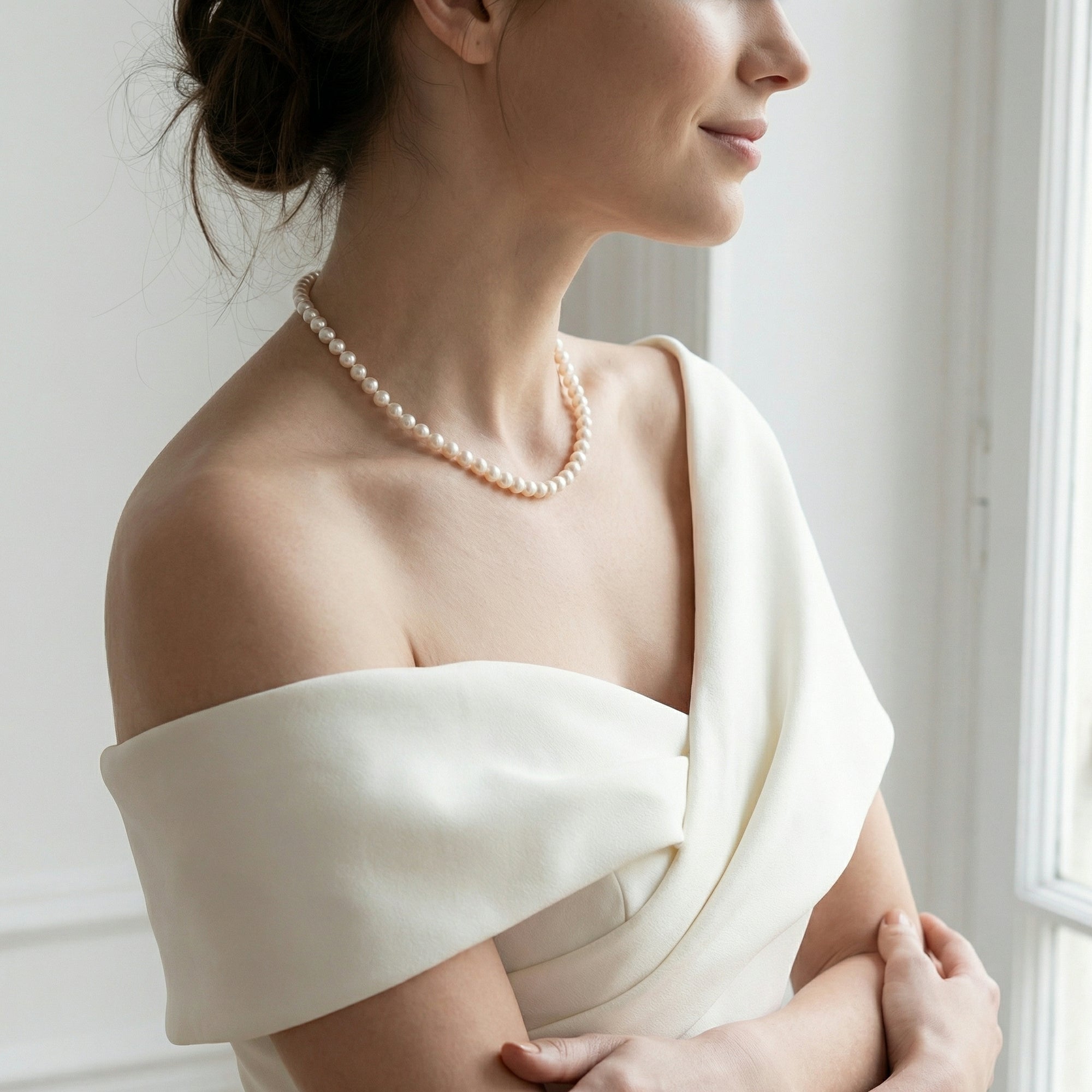 White Japanese Akoya Choker Length Pearl Necklace, 7.0-7.5mm - AAA Quality