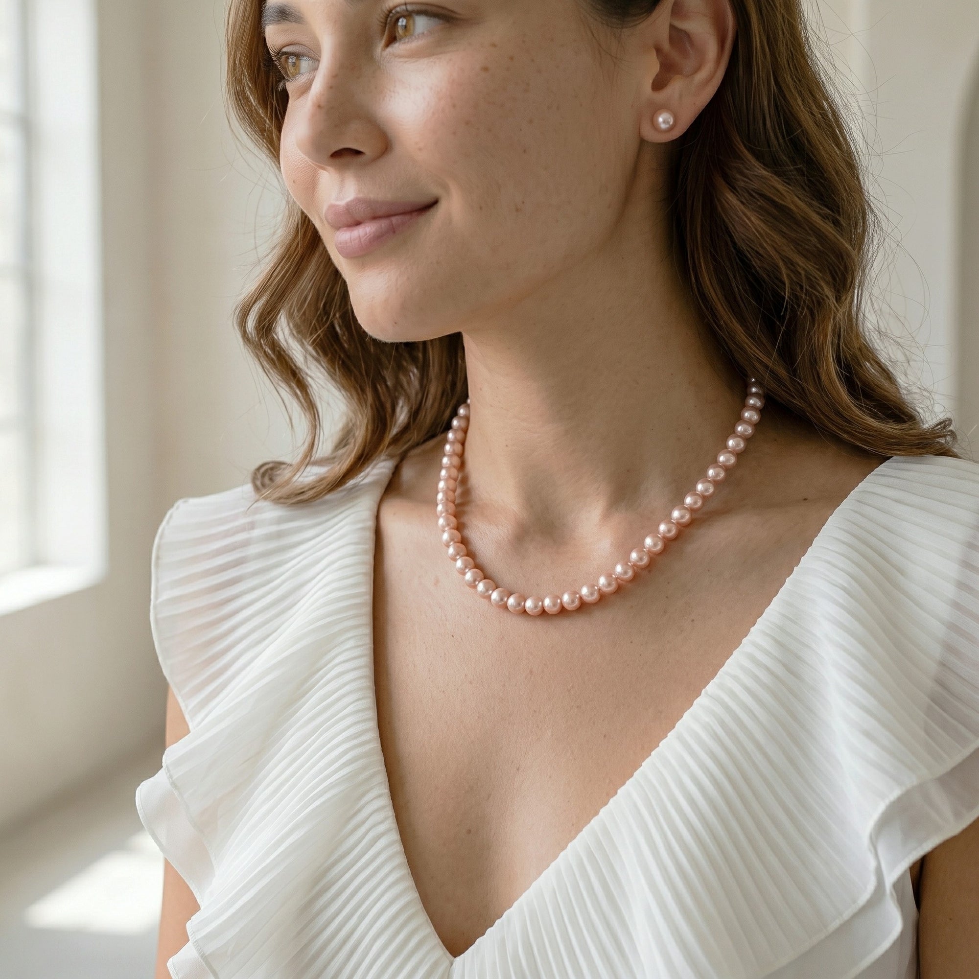 7.0-7.5mm Pink Freshwater Pearl Necklace & Earrings