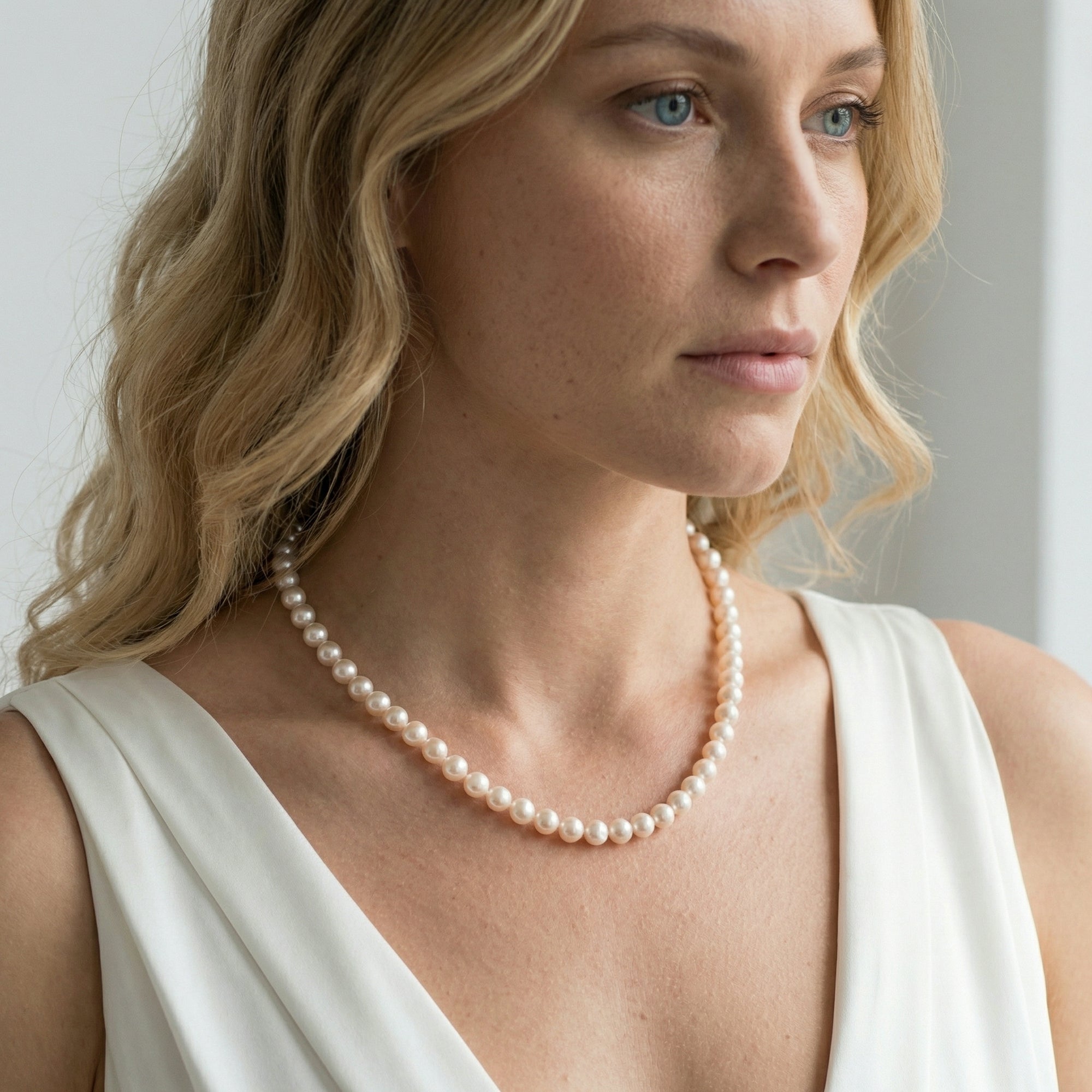 White Japanese Akoya Graduated Pearl Necklace, 8.0-10.0mm - AAA Quality