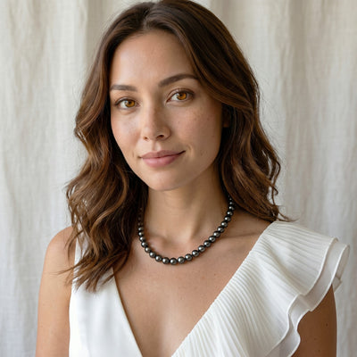 True Round Black Tahitian Pearl Necklace, 8.0-10.0mm - AAAA Quality