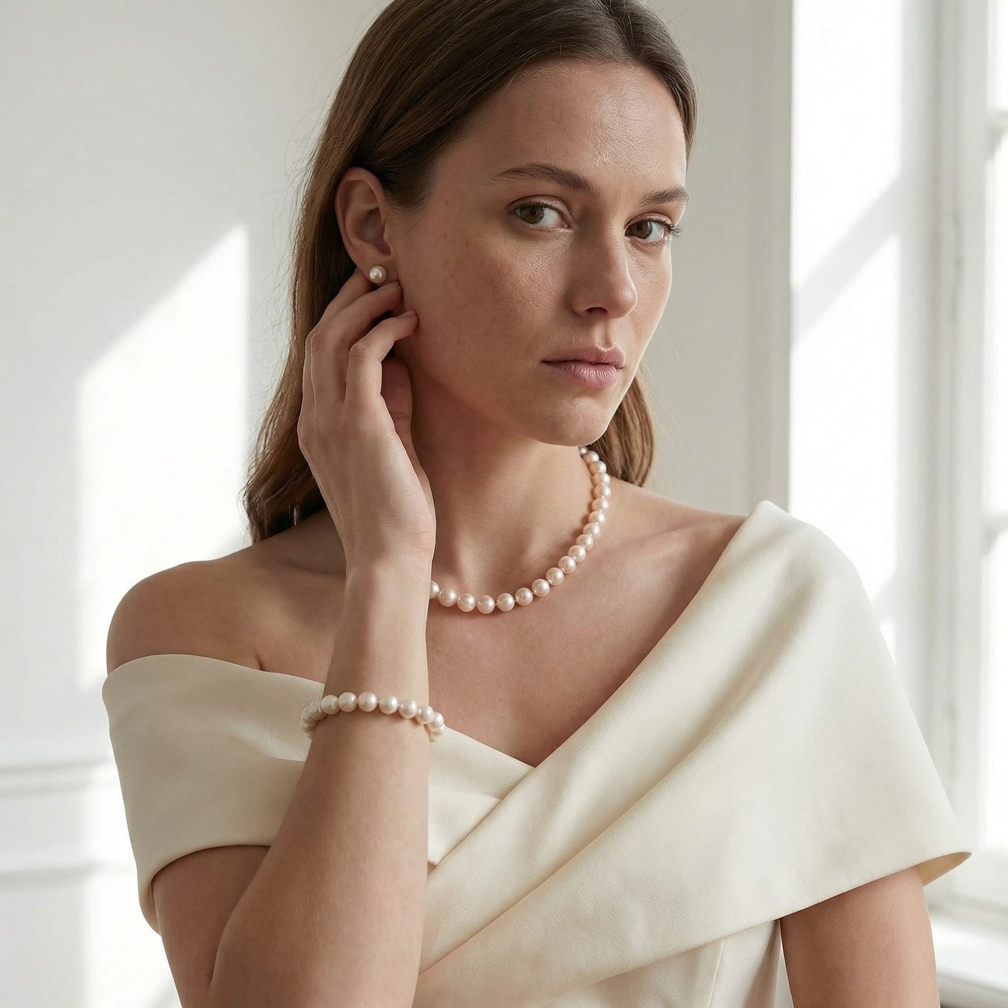 White Japanese Akoya Pearl 3-Piece Jewelry Set, 8.5-9.0mm
