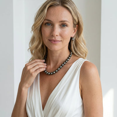 Silver Tahitian True Round Pearl Necklace, 9.0-11.0mm - AAAA Quality