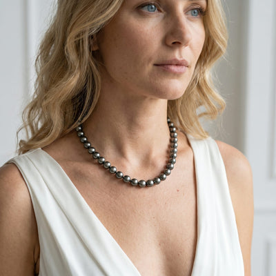 Silver Tahitian True Round Pearl Necklace, 9.0-11.0mm - AAAA Quality