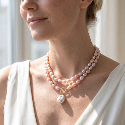 9.5-10.5mm Oval Pink Freshwater Pearl Double Strand Necklace