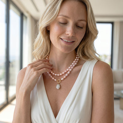 9.5-10.5mm Oval Pink Freshwater Pearl Double Strand Necklace