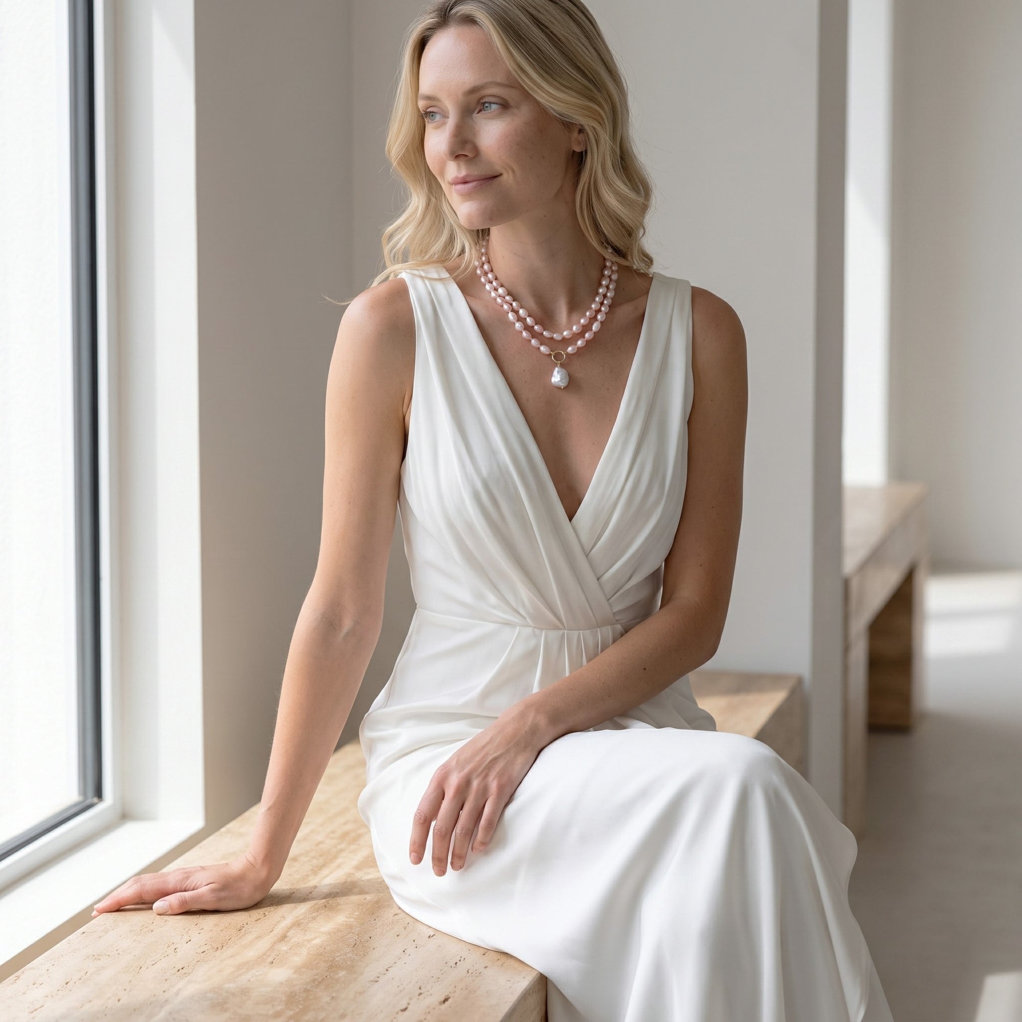 9.5-10.5mm Oval Pink Freshwater Pearl Double Strand Necklace
