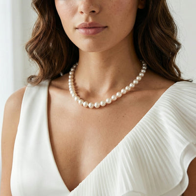 White Japanese Hanadama Akoya Pearl Necklace, 9.5-10mm