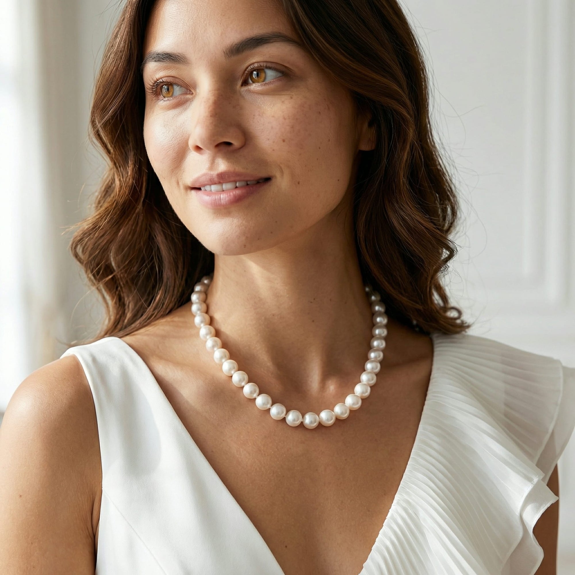 White Japanese Hanadama Akoya Pearl Necklace, 9.5-10mm