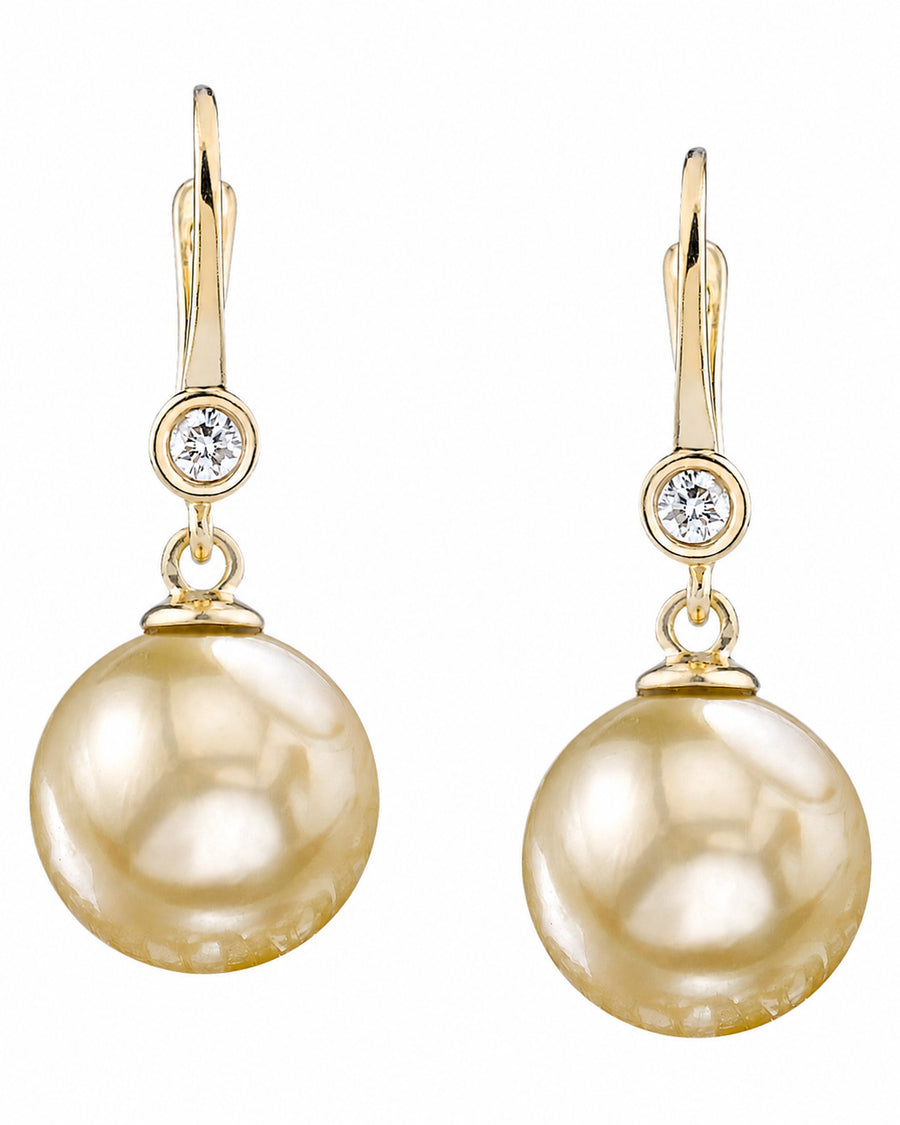 Golden South Sea Pearl & Diamond Bezel Dangle Earrings