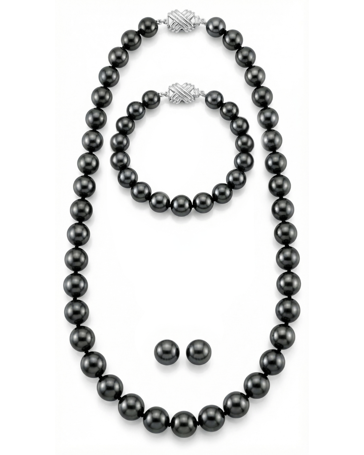 True Round Black Tahitian Pearl Jewelry Set, 8.0-10.0mm - AAA Quality
