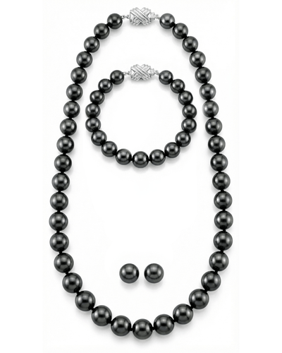 True Round Black Tahitian Pearl Jewelry Set, 8.0-10.0mm - AAA Quality