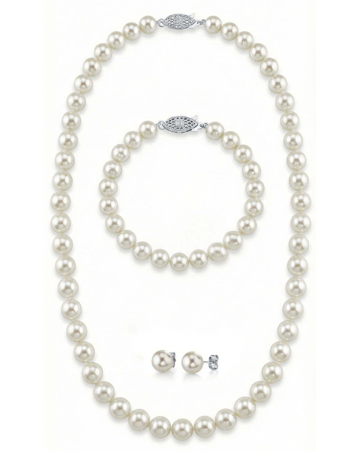 White Japanese Akoya 3-Piece Pearl Jewelry Set, 8.0-8.5mm