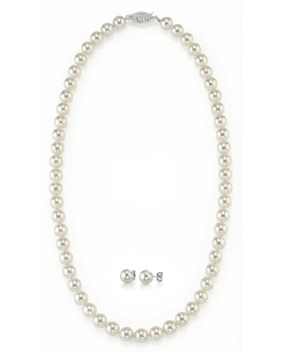 White Japanese Akoya Pearl Necklace & Earring 2-Piece Set, 6.0-6.5mm