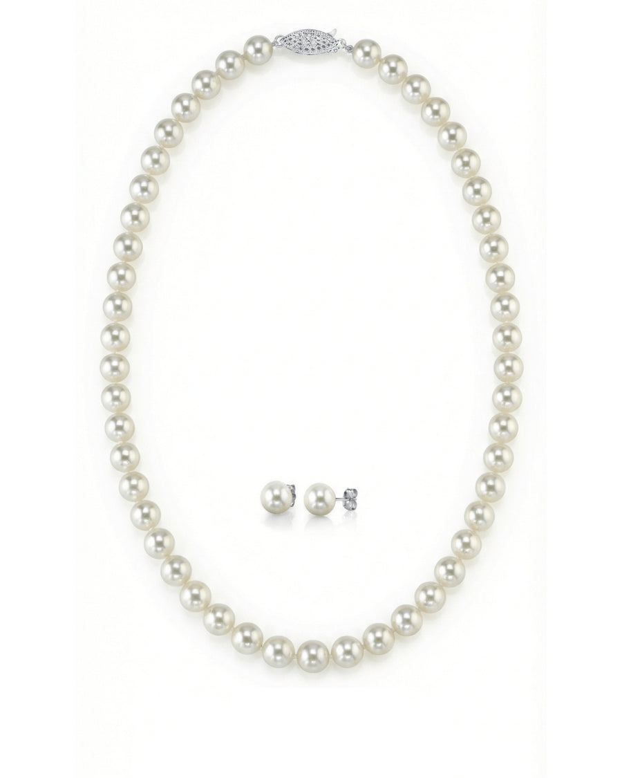 White Japanese Akoya Pearl Necklace & Earring 2-Piece Set, 6.5-7.0mm