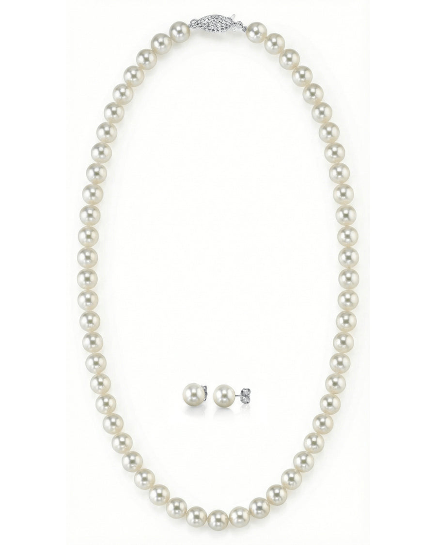 White Japanese Akoya Pearl Necklace & Earring 2-Piece Set, 8.5-9.0mm