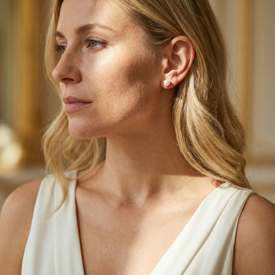 White Japanese Akoya Round Pearl Stud Earrings, 7.5-8.0mm