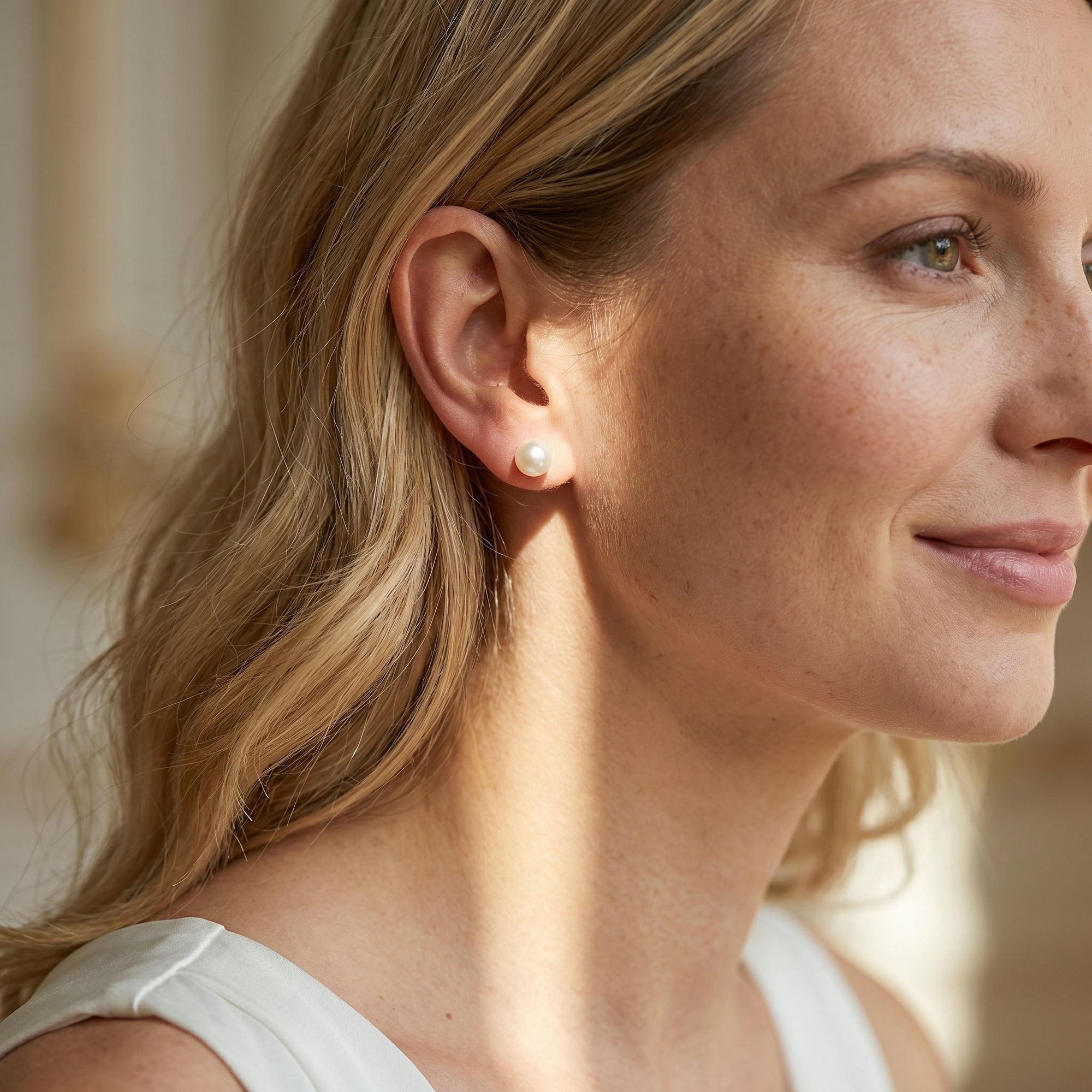 White Japanese Akoya Round Pearl Stud Earrings, 7.5-8.0mm