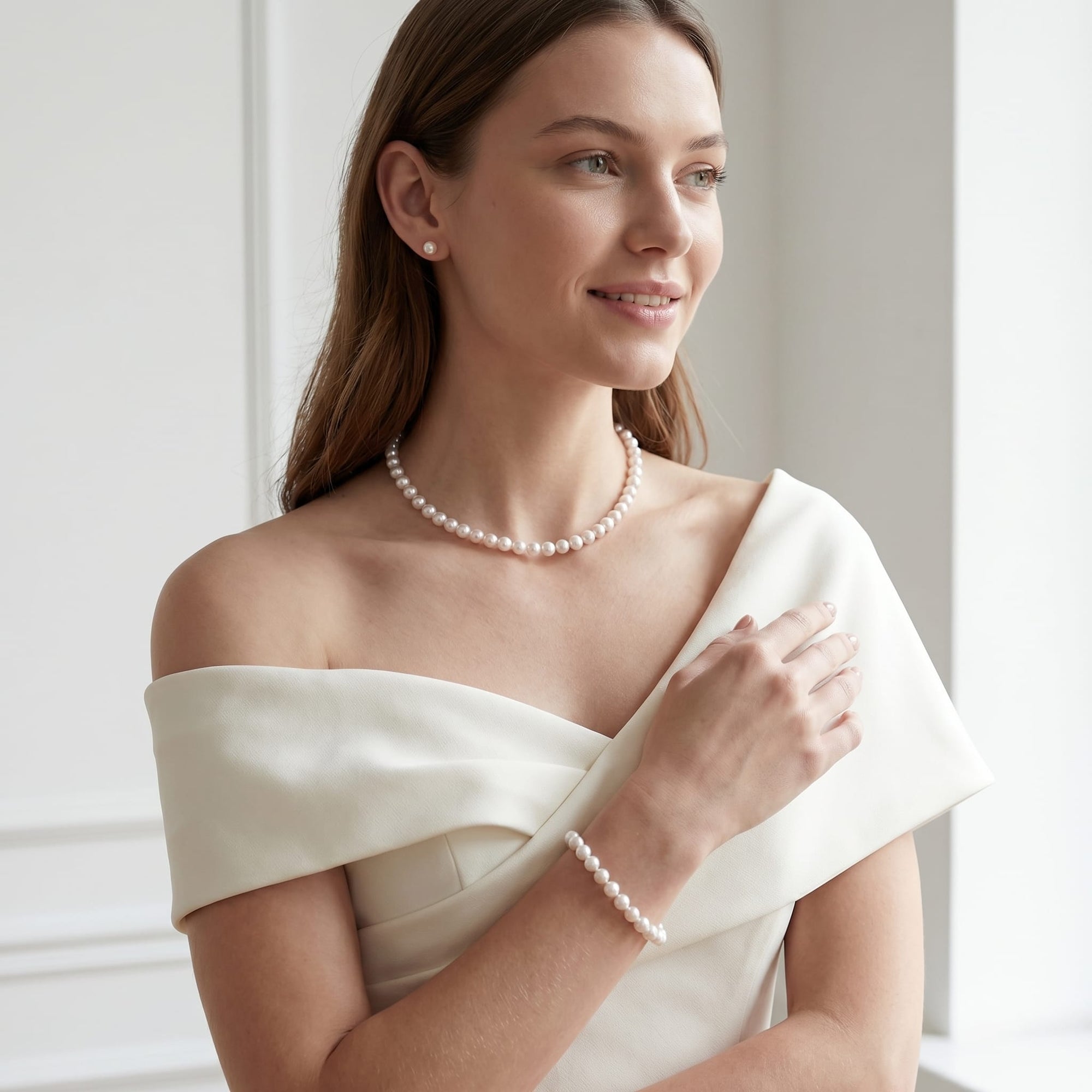 White Japanese Akoya 3-Piece Pearl Jewelry Set, 7.5-8.0mm