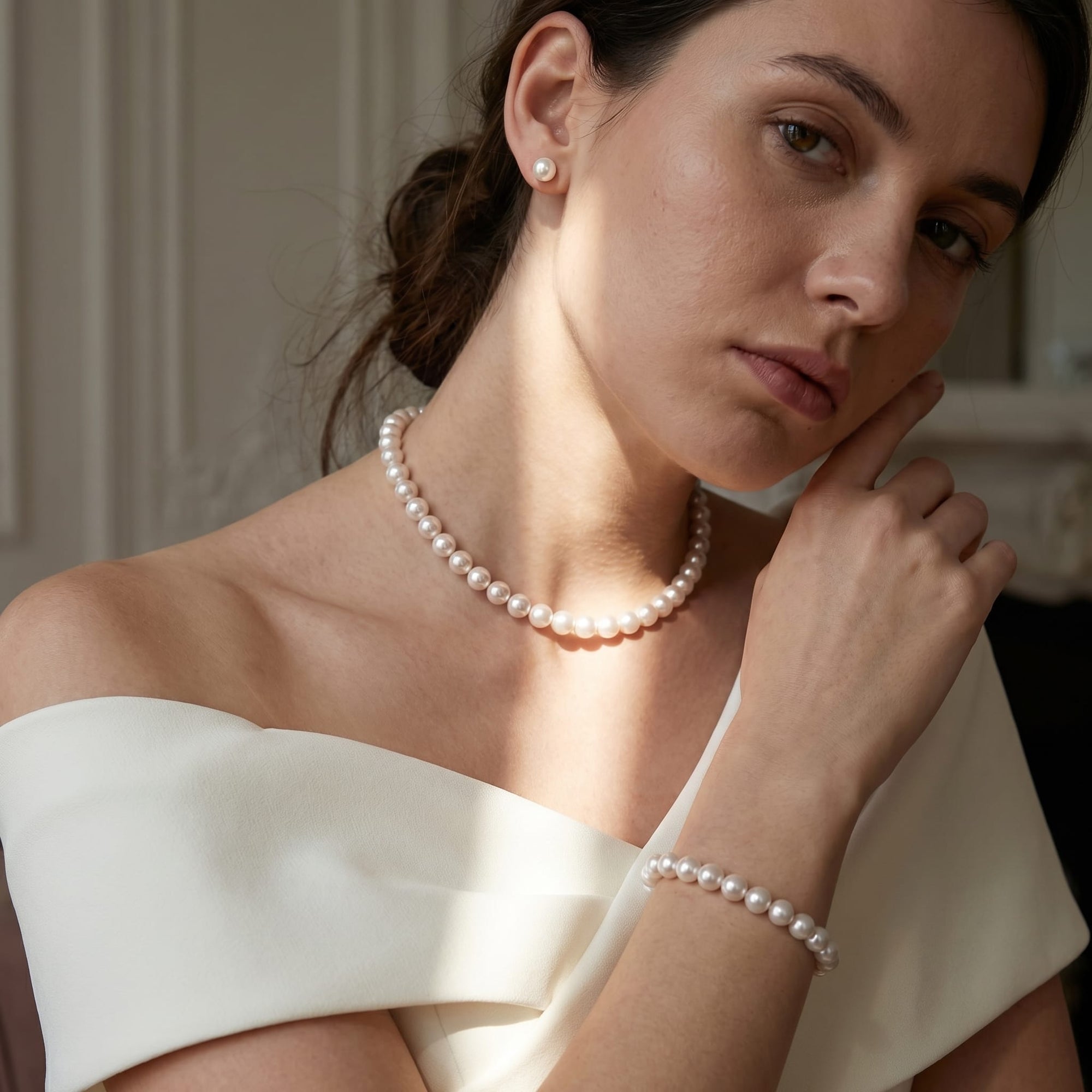 White Japanese Akoya 3-Piece Pearl Jewelry Set, 7.5-8.0mm