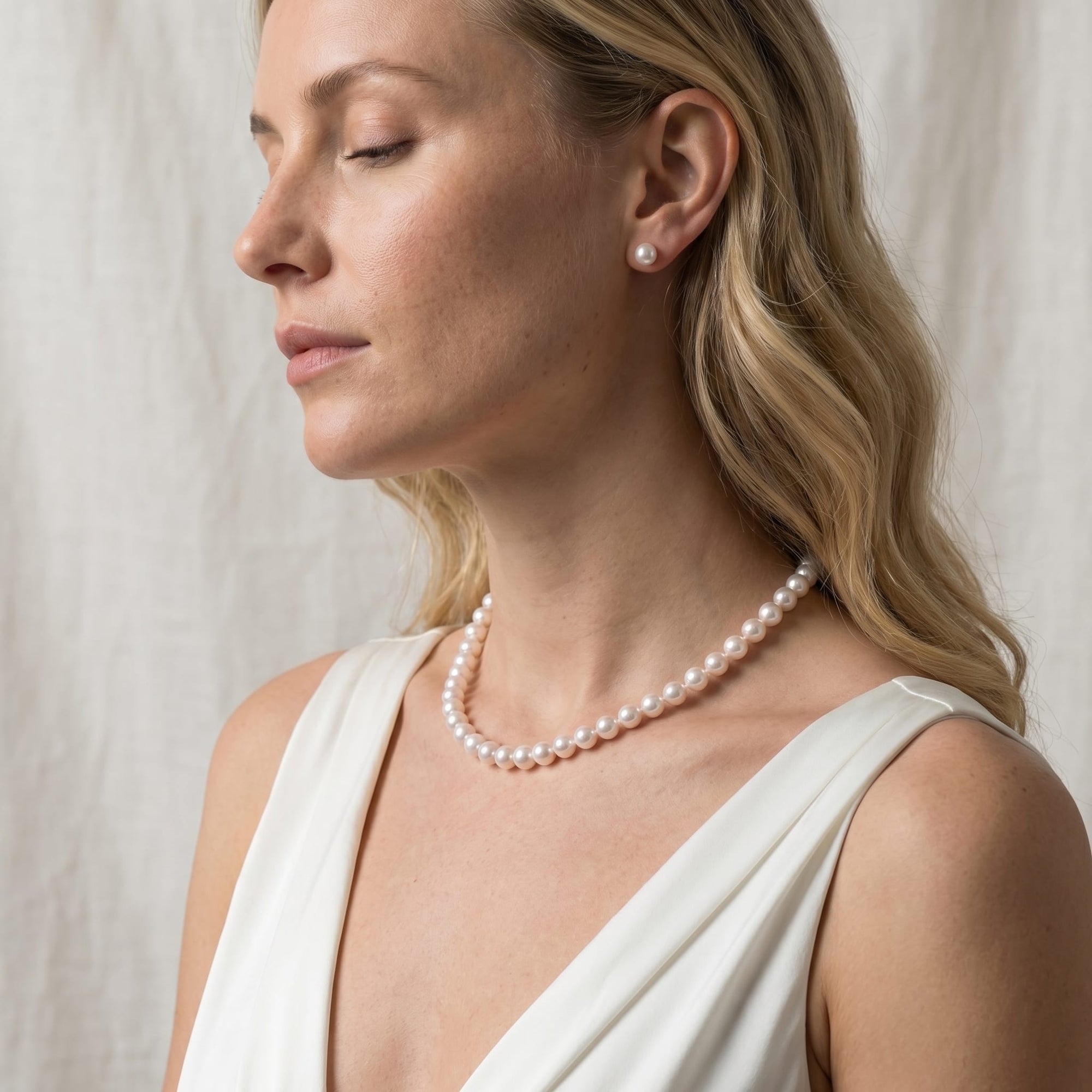 White Japanese Akoya Pearl Necklace & Earring 2-Piece Set, 8.5-9.0mm