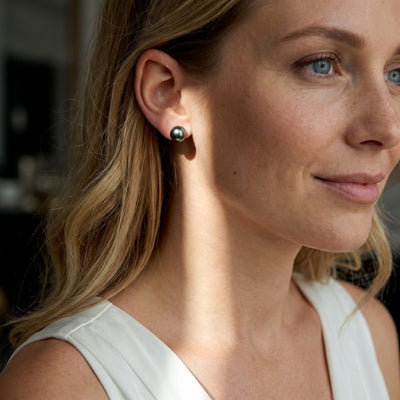 Black Tahitian Pearl Stud Earrings, 11.0-12.0mm