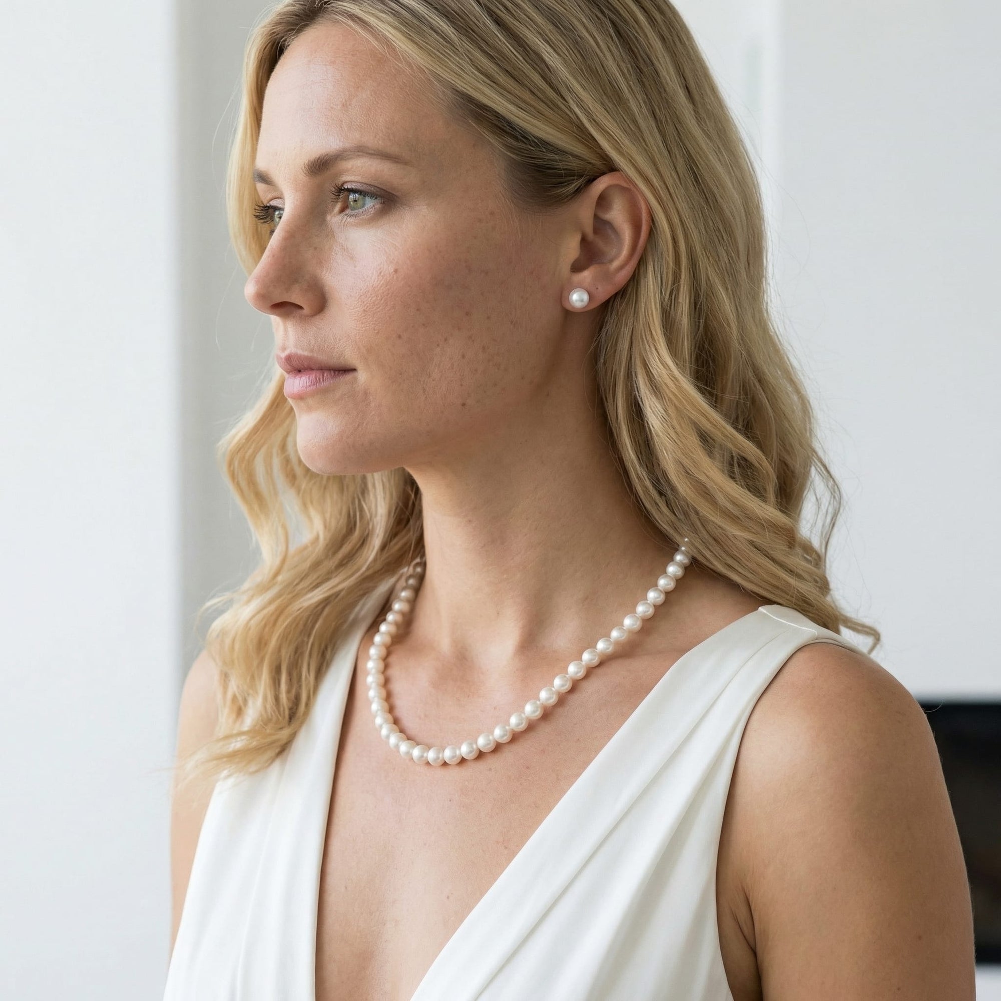 White Japanese Akoya Pearl Necklace & Earring 2-Piece Set, 7.0-7.5mm