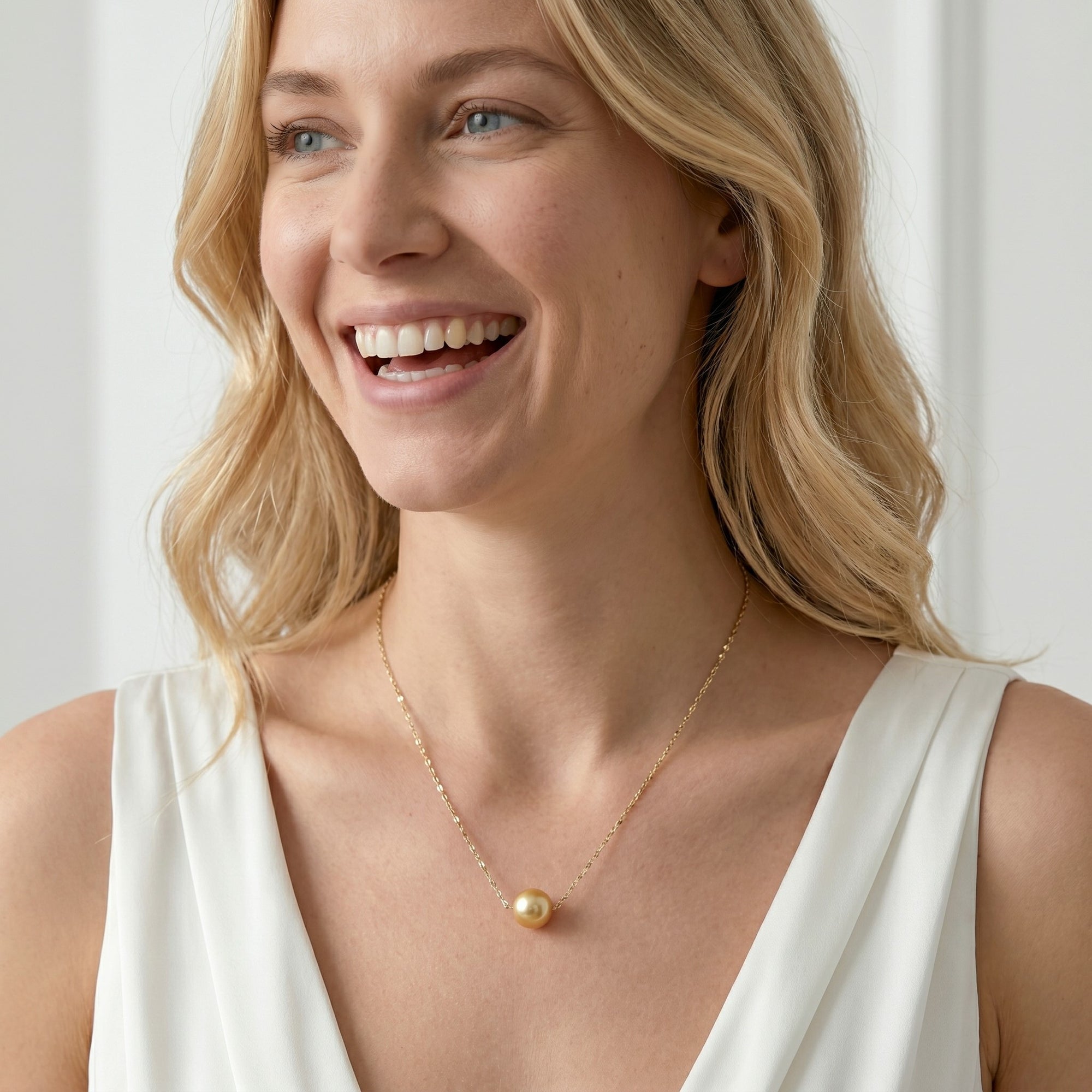 Golden Round Solitaire 14K Pearl Necklace