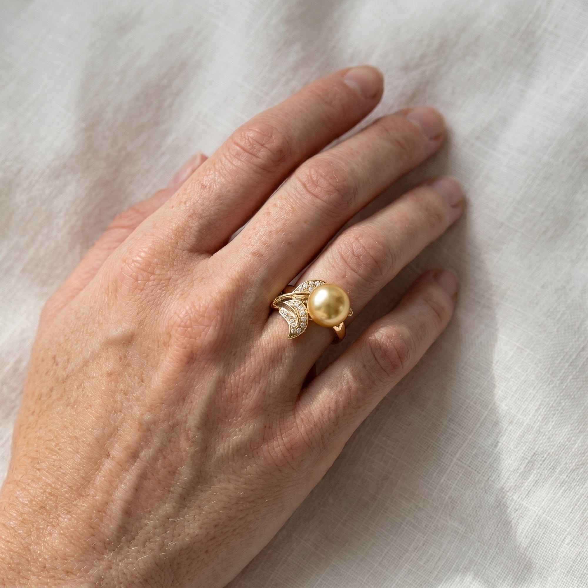 Golden South Sea Pearl & Diamond "Hazakura" Ring
