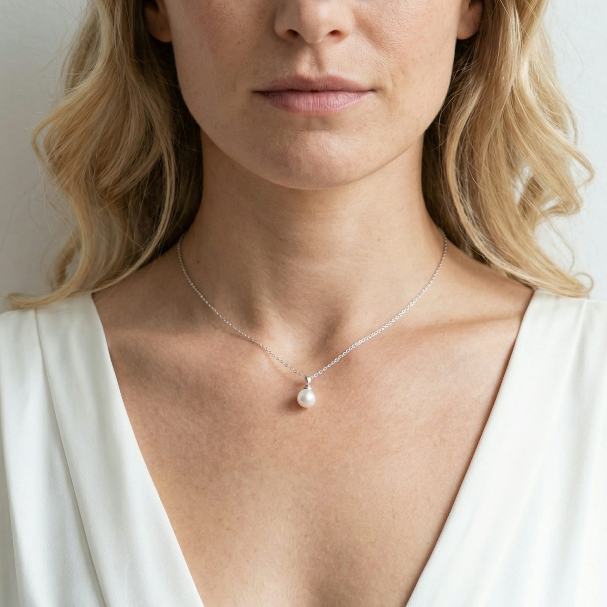 White Japanese Akoya Pearl Hope Pendant, 8.0-8.5mm - 14K Gold