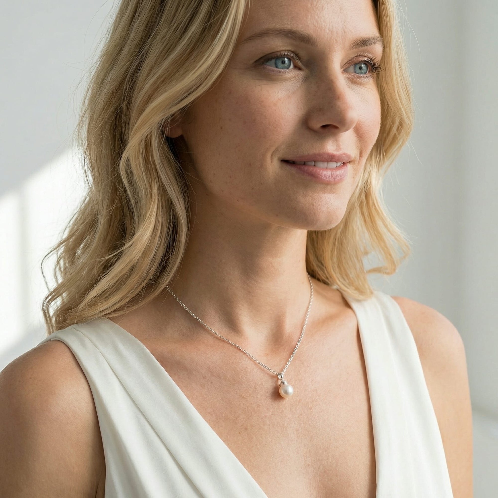 White Japanese Akoya Pearl Hope Pendant, 8.0-8.5mm - 14K Gold